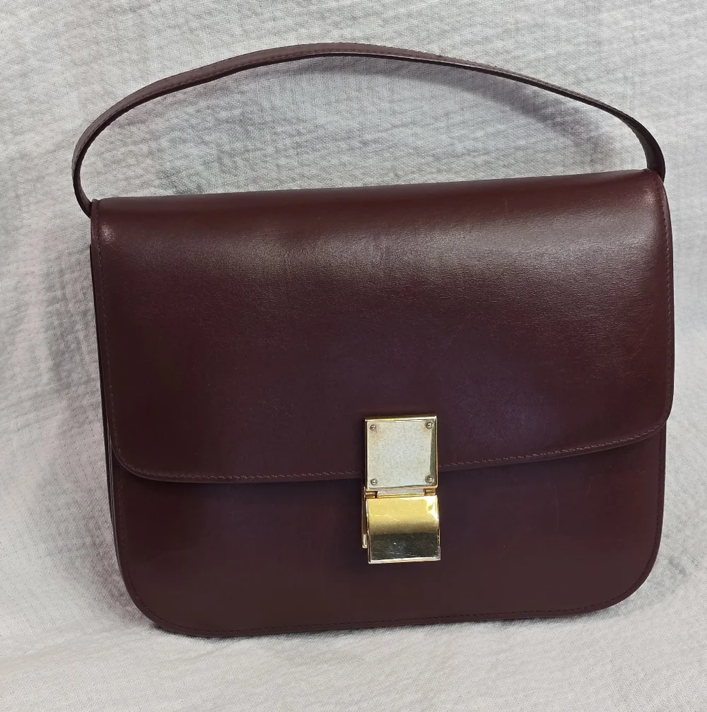 Celine Classic Box Leather Medium Bag Flap Purse Teen Triomphe Burgandy Brown - Picture 11 of 16